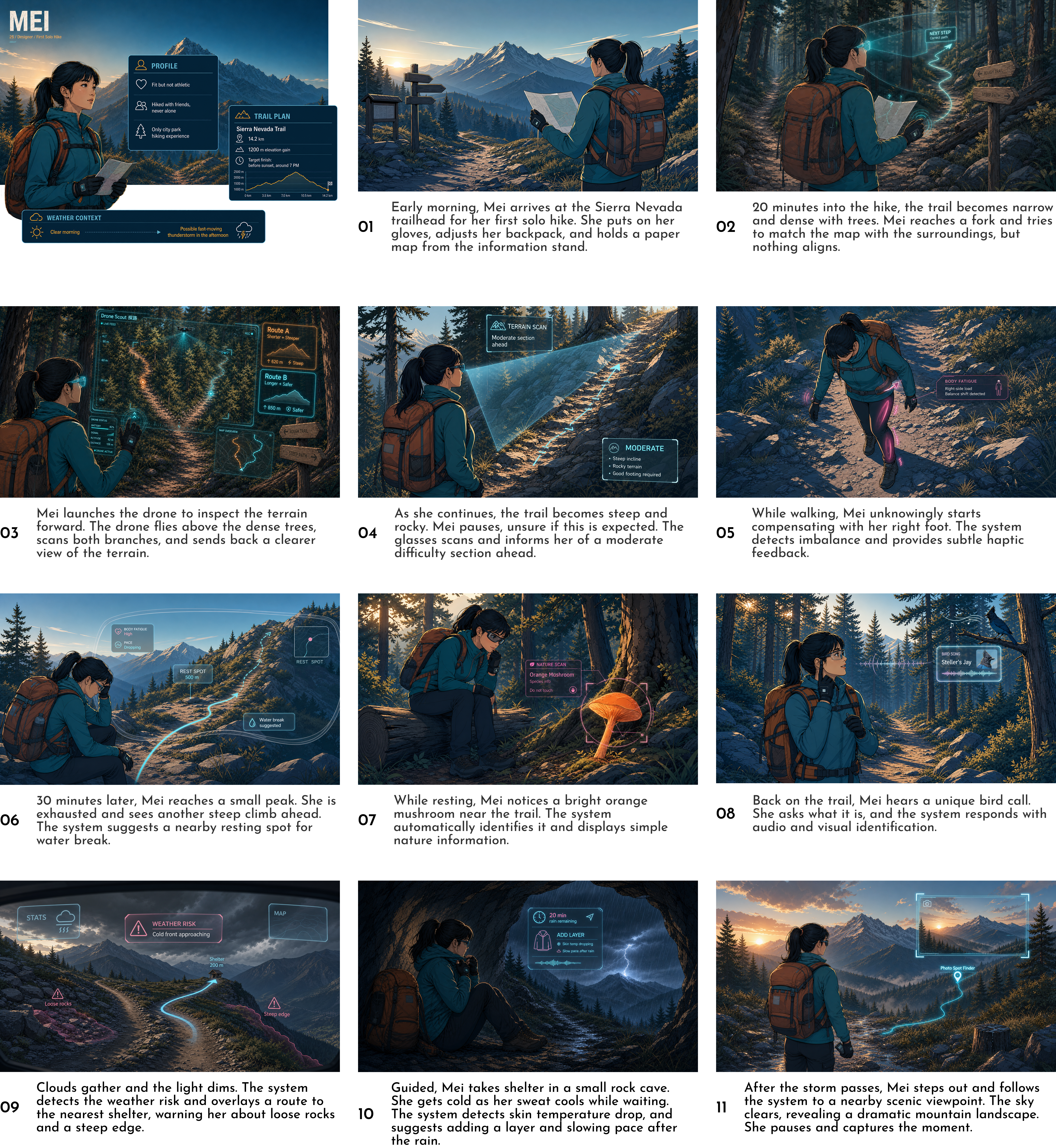 CAIRN storyboard — Mei's hike through planning, navigation, awareness, exploration, and reflection