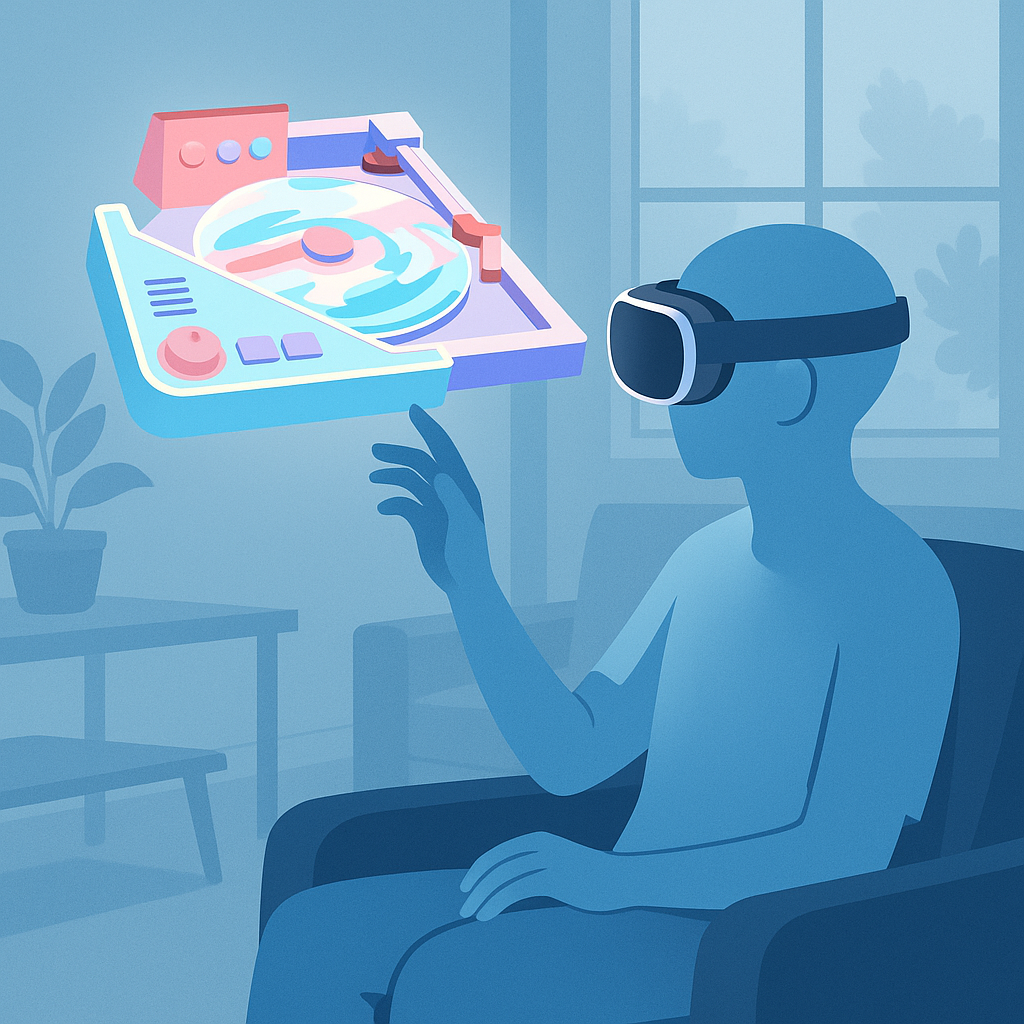 Person interacting with spatial vinyl interface at a desk