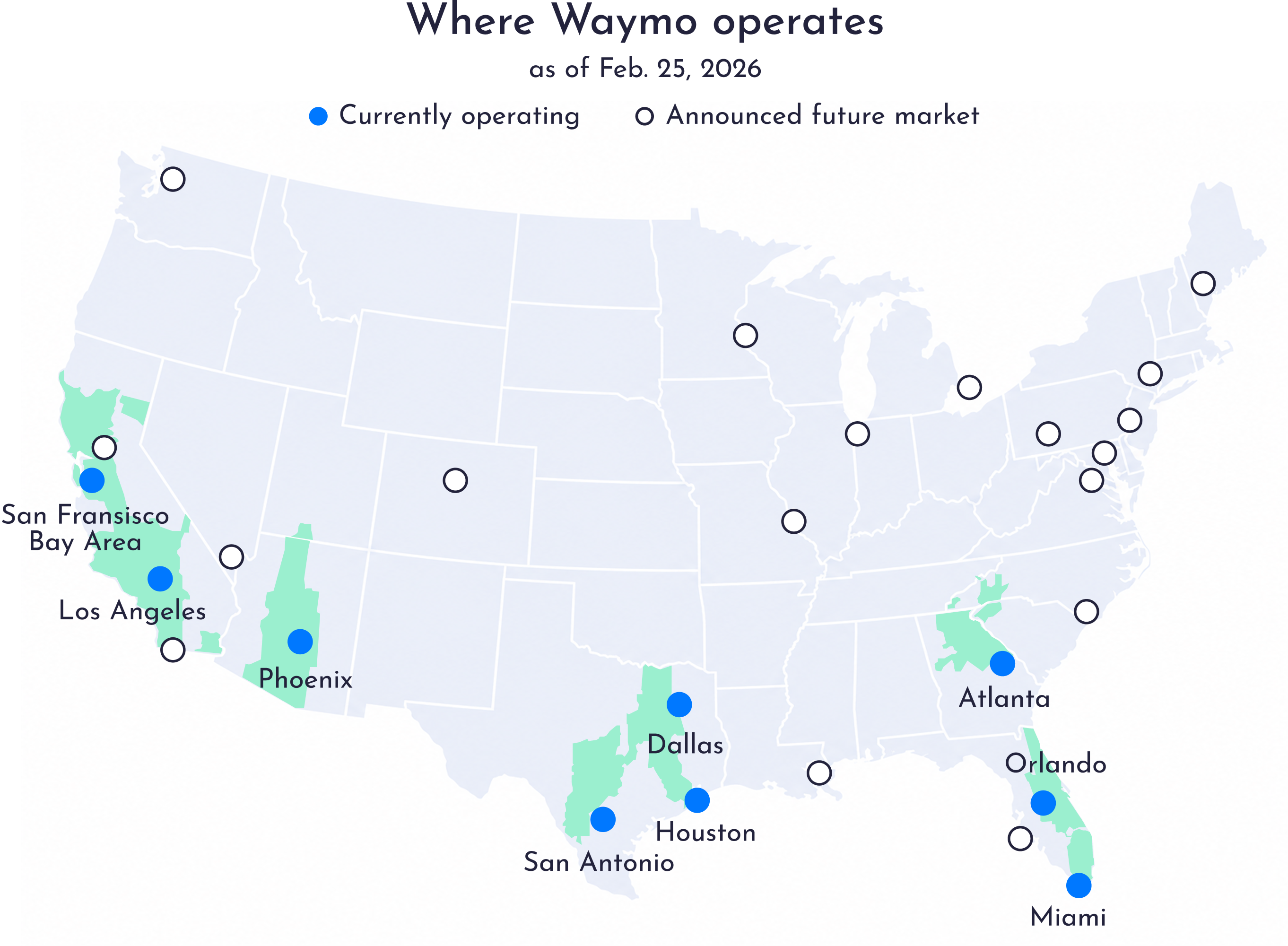 Map showing Waymo service areas across the United States