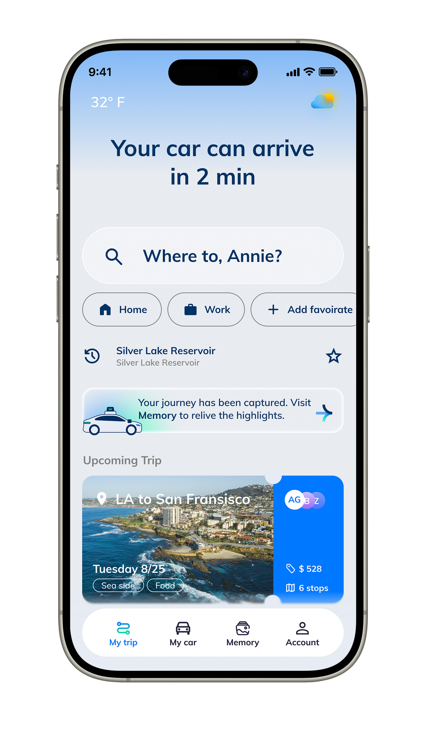 Waymo Journey+ home screen showing upcoming trip and memory banner