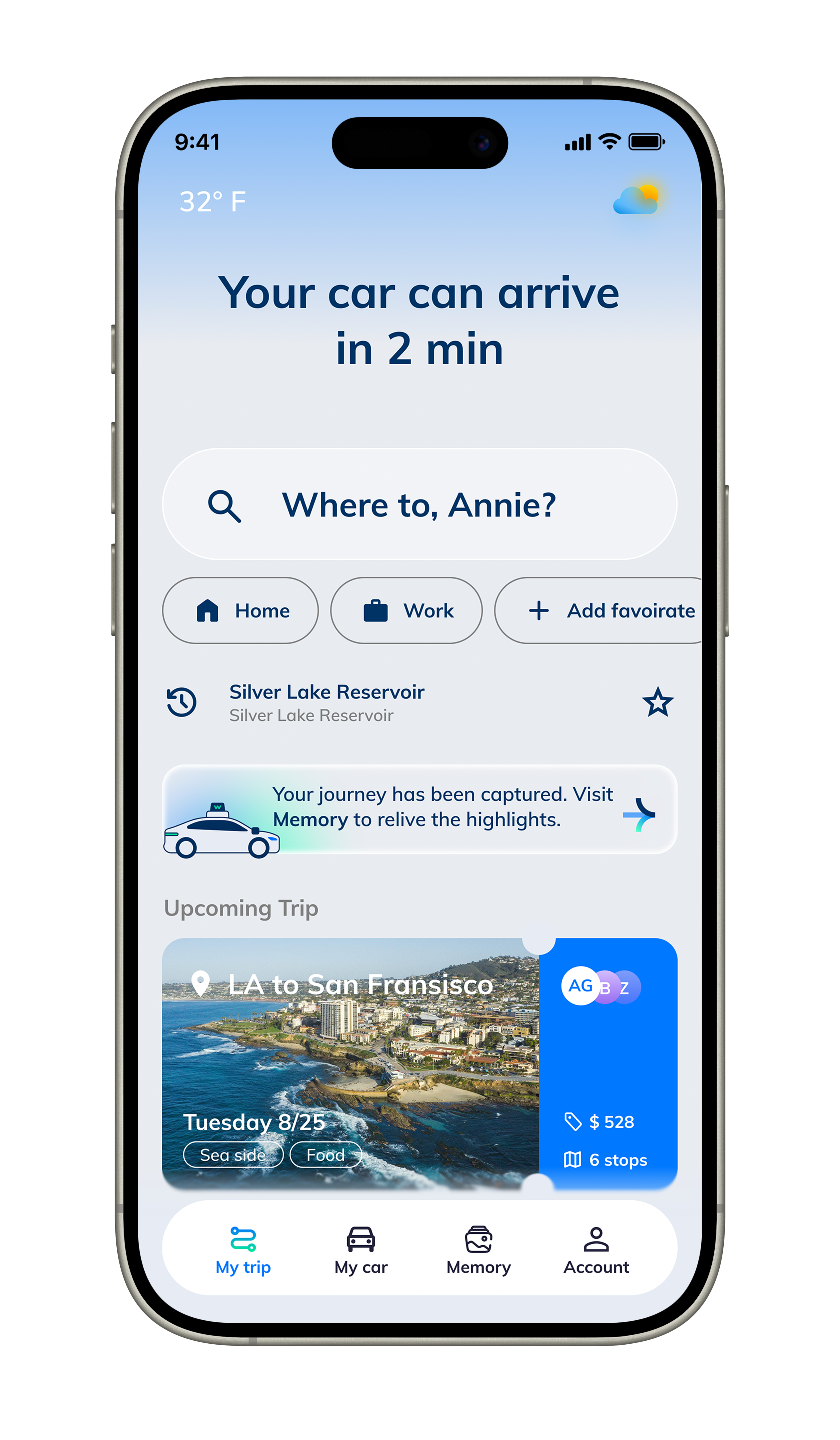 Waymo Journey+ home screen showing upcoming trip and memory banner