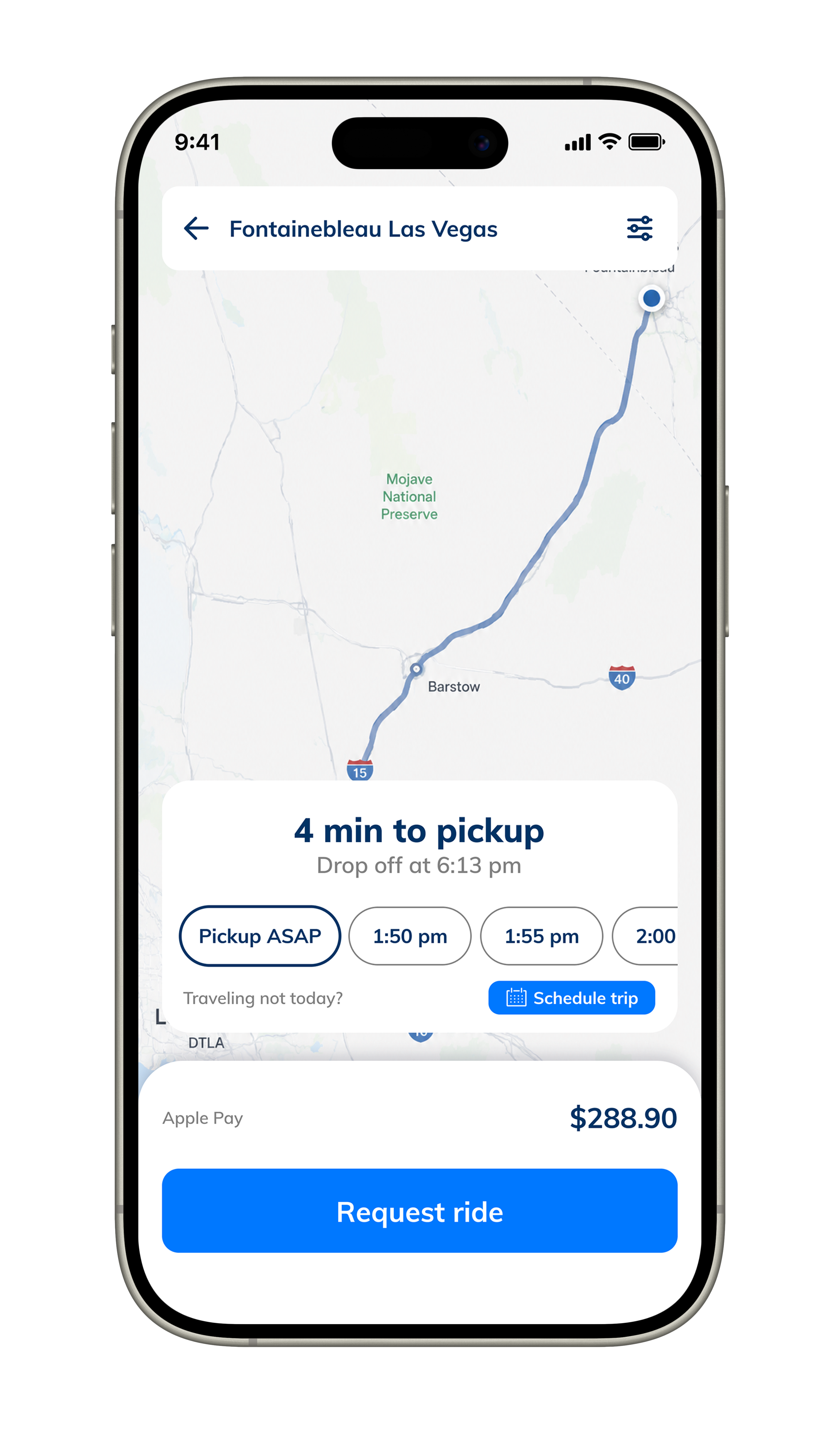 Waymo Journey+ book ride screen with map, pickup time, and request ride